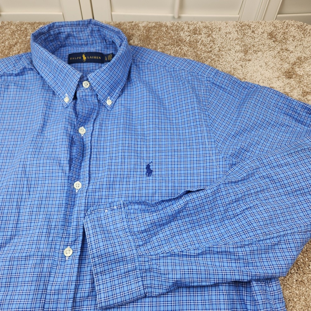 Ralph Lauren Mens Blue White Plaid Cotton Button Down Shirt Large Long Sleeve